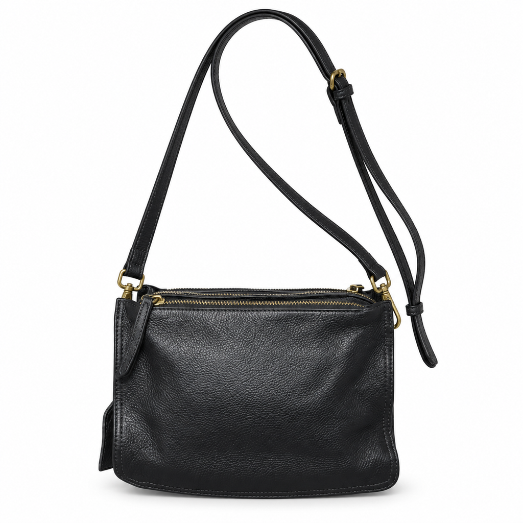 Black Genuine Leather Triple-Zip Crossbody Bag
