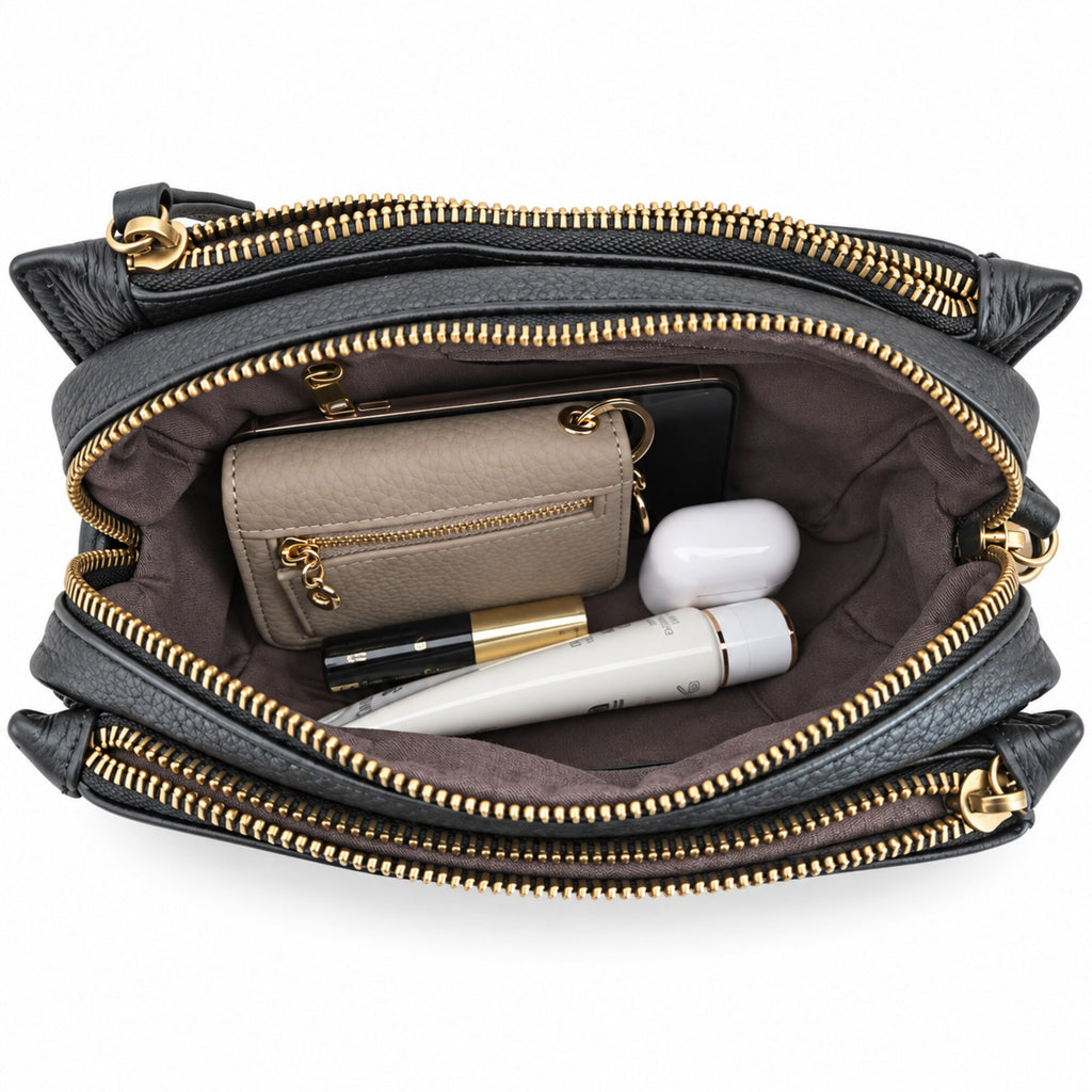 Black Genuine Leather Triple-Zip Crossbody Bag