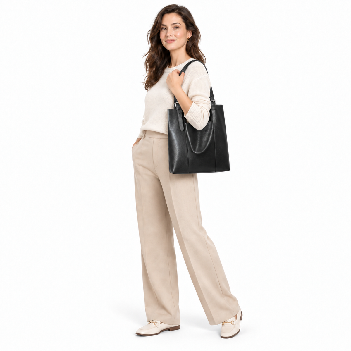 Minimalist Genuine Leather Tote Bag with Removable Pouch