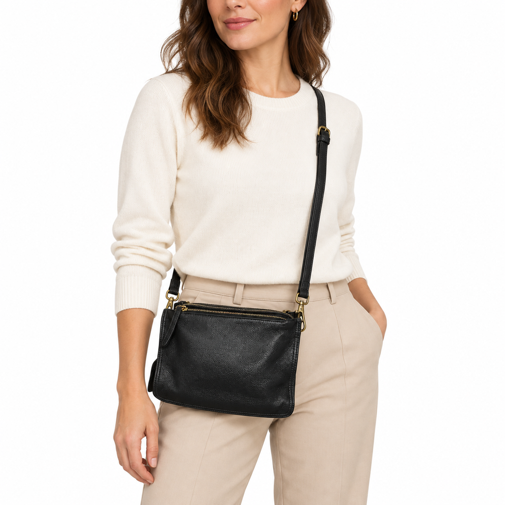Black Genuine Leather Triple-Zip Crossbody Bag