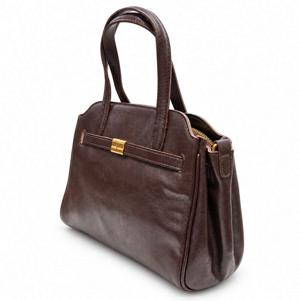 Dark Brown Genuine Leather Multi-Compartment Handbag with Crossbody Strap