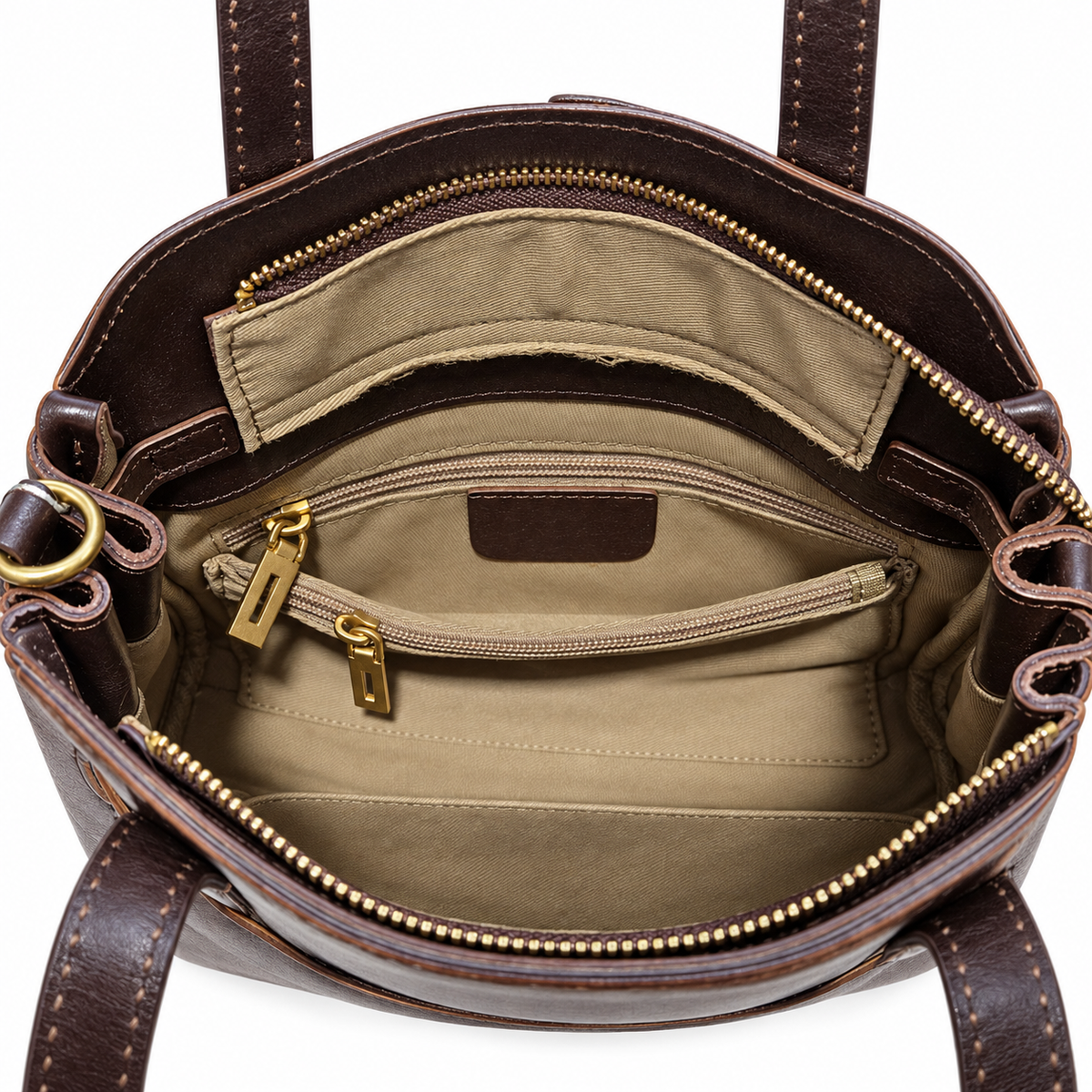 Dark Brown Genuine Leather Multi-Compartment Handbag with Crossbody Strap