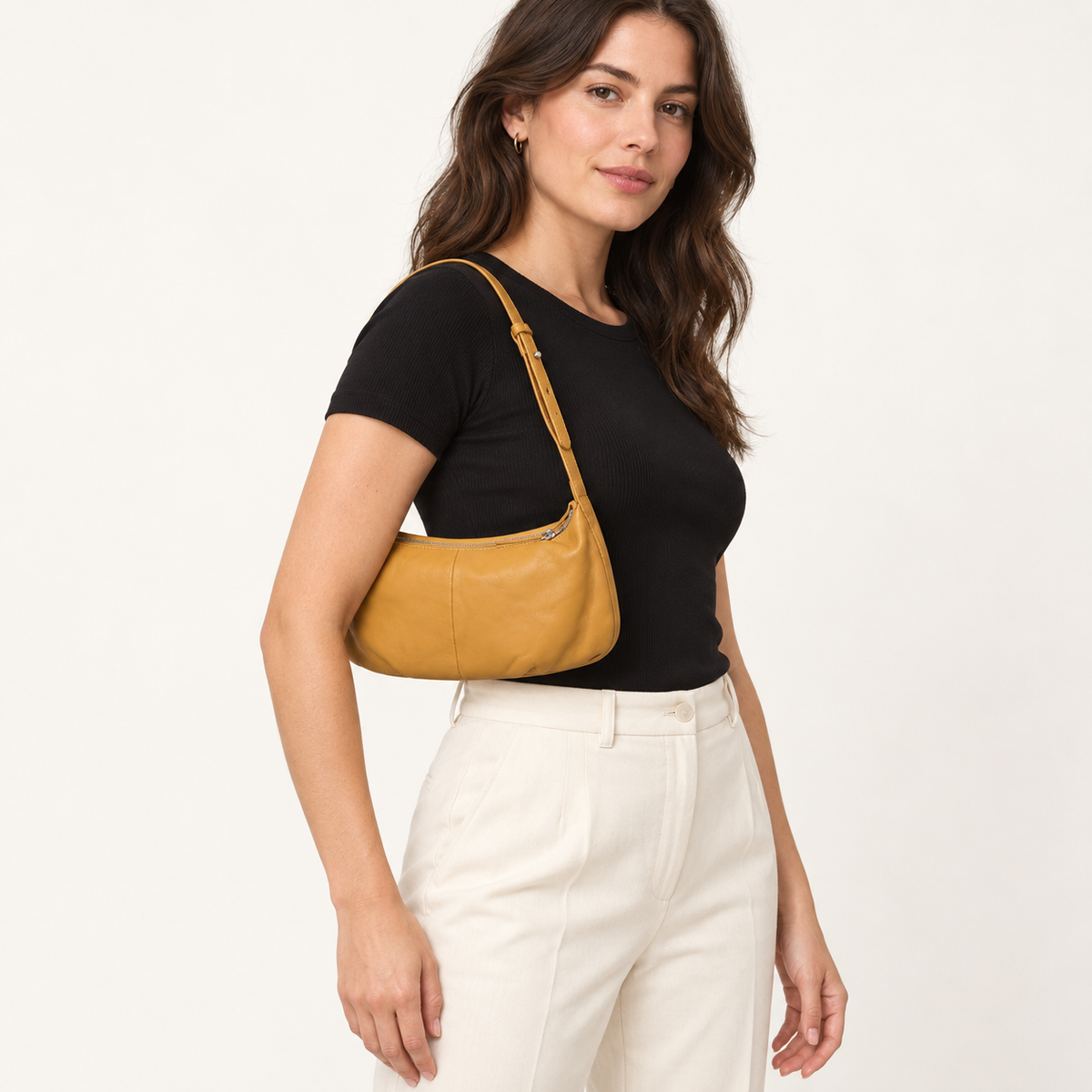Convertible Caramel Leather Shoulder & Crossbody Bag with Adjustable Two-Piece Strap