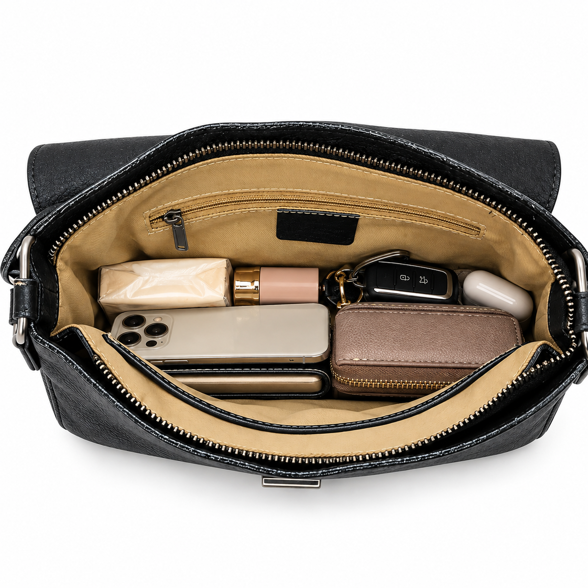 Classic Black Leather Multi-Compartment Shoulder Bag 5059