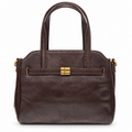Dark Brown Genuine Leather Multi-Compartment Handbag with Crossbody Strap