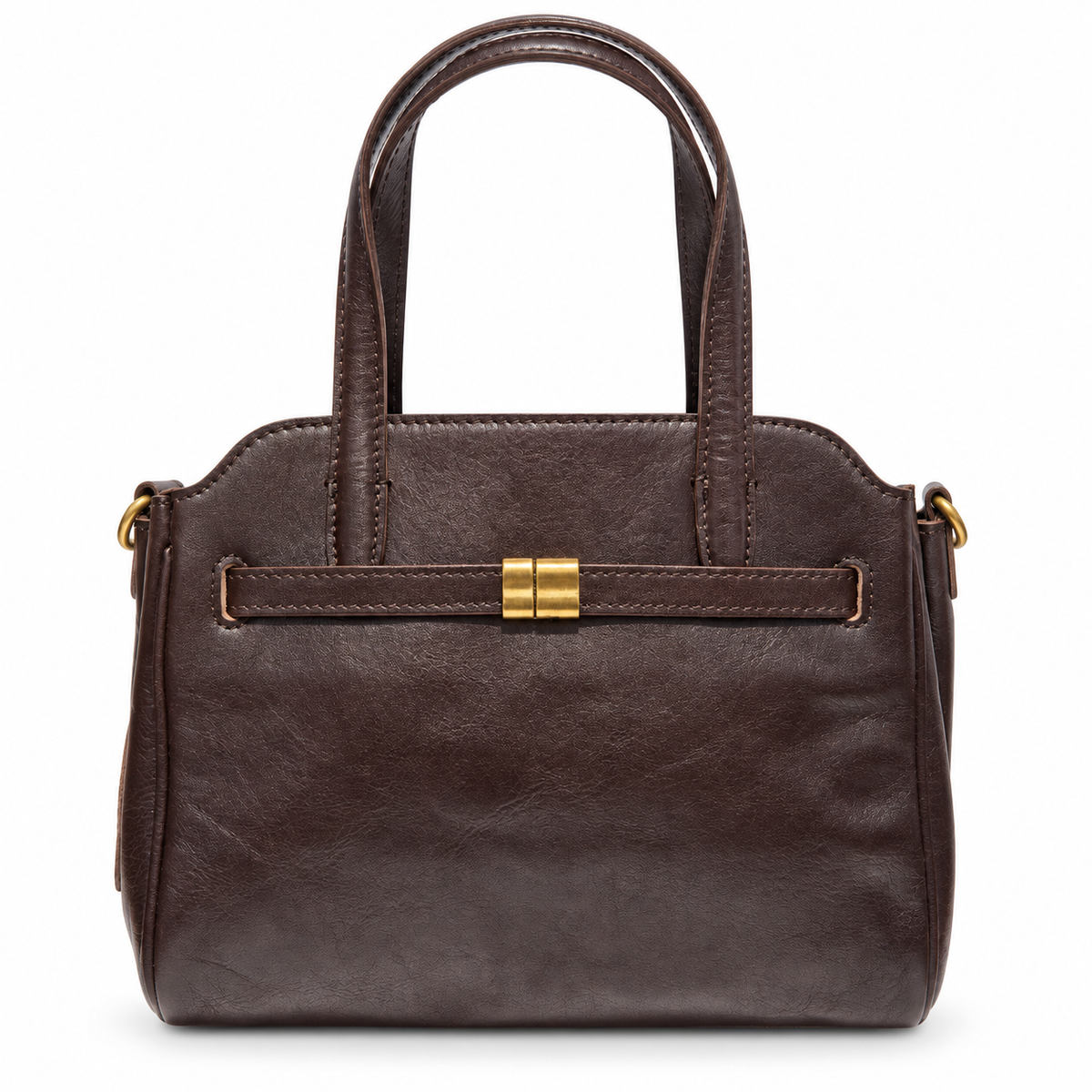 Dark Brown Genuine Leather Multi-Compartment Handbag with Crossbody Strap