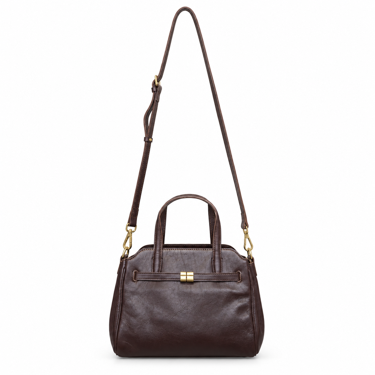 Dark Brown Genuine Leather Multi-Compartment Handbag with Crossbody Strap