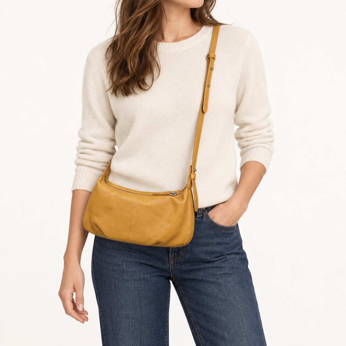 Convertible Caramel Leather Shoulder & Crossbody Bag with Adjustable Two-Piece Strap