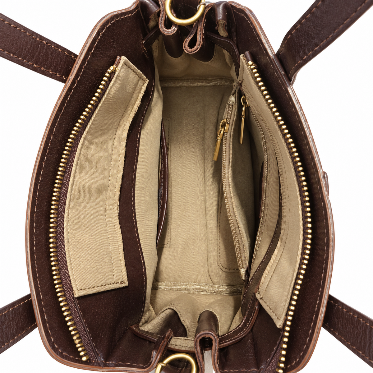 Dark Brown Genuine Leather Multi-Compartment Handbag with Crossbody Strap