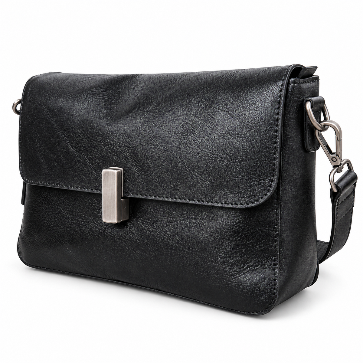 Classic Black Leather Multi-Compartment Shoulder Bag 5059